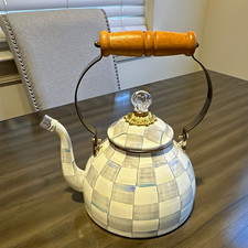 MacKenzie-Childs Courtly Check Enamel 3 Qt Stove Top Tea Kettle, White/Gray picture
