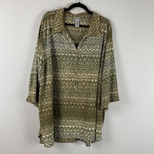 Catherines Popover Tunic Shirt Size 3X Green Beige 3/4 Sleeves Stretch picture