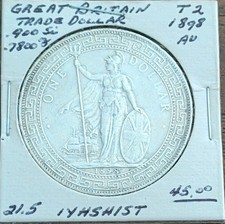 1898 B Great Britain British Trade Dollar $1 Silver Coin (AU, 90% Silver) picture