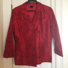 Carole Little Silk Button Down Shirt Red Black Embroidered Floral Medium 3/4 Slv picture