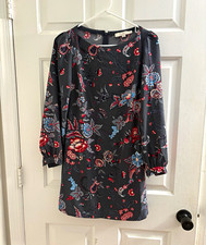 LOFT Petites 00P Black Floral Shift Dress 3/4 Sleeve Round Neck Short Zip picture