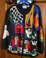 Vintage Croft Barrow Hand Knit Pumpkin Bats Halloween Fall Petite Cardigan Sz PL picture