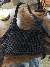 All Saints Sabine Macrame Crochet Fringed Shoulder Bag Black picture