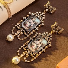 Vintage Victorian Pearl Drop Earrings Gold Tone Rhinestone Renaissance Dangle picture