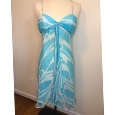 VTG Y2K Milly of New York Silk Chiffon Dress Turquoise White Abstract Print  6 picture