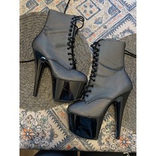 Pleaser Adore-1020SHG Silver Holographic Mesh Black Patent Platform Ankle Boots picture