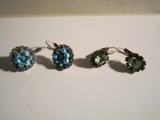 VINTAGE LIZ PALACIOS EARRINGS TWO PAIRS BLUE & GREEN CRYSTALS SIGNED LOT COFC-20 picture