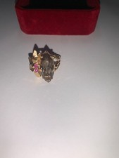Vintage 14K Marquise Smokey Quartz and Ruby Accents in Floral Setting. picture