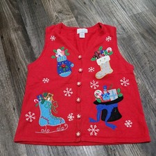 Vintage C&B Sport Red Christmas Knit Button Up Cardigan Sweater Size PM picture