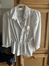 Monteau Los Angeles Women's White Solid Collared Button-Front 3/4 Blouse M picture