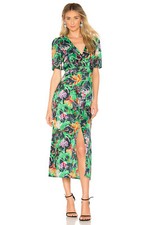 SALONI Green Floral Botanical Print EDEN Satin Silk Hi-Slit Midi Dress 10US 14UK picture