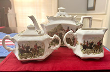 English Vintage Porcelain Teapot Creamer & Sugar Set 3pc + Lids Fox Hunting picture