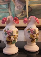 Pair Fenton LG Wright Moss Rose Peach Blow Satin Glass Vases Ruffled Vintage picture