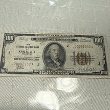1929 $100 National Currency Banknote Kansas City Missouri Brown Seal picture