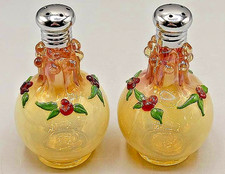 Northwood Cherry Leaf Opalescent Glass Salt Pepper Shakers Applied Floral Vintag picture