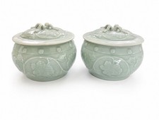 Pair Vintage Chinese Celadon Green Lidded Covered Lotus Foliage Design Jars 6” picture