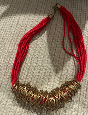 Red Multistrand Beaded Statement Necklace Gold Tone Wire Accents Hook Closure picture