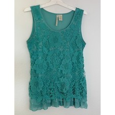 Forgotten Grace Teal Floral Lace Ruffle Hem Tank Top Sleeveless Scoop Neck M picture