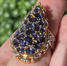 Iolite Pear Shaped Elongated Cluster 925 Sterling Silver 18k Gold Ring 4.25ctw picture