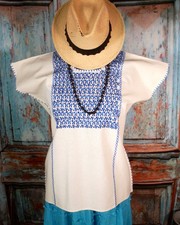Huipil Tunic Top Hand Embroidered Animals Cotton Manta Oaxaca Mexican Folk Art picture