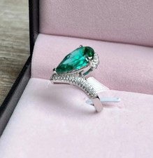5.42 Ct Pear Cut Natural Emerald & Diamond Wedding Ring 14K White Gold Size 7 picture