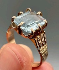 Estate 1920's Intricate 18kt ROSE GOLD 3.9g Square Emerald Cut Aquamarine 3ct+  picture