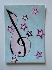 Original ACEO Music Treble Clef Stars Drawing Colorful OOAK Art 2.5x3.5 picture