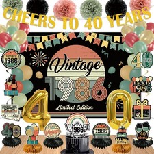 47Pcs 40Th Birthday Decorations for Men Women, PRE-STRUNG Vintage 1986 Banner Pa picture