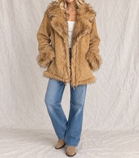 Vintage Y2K XOXO Genuine Suede Penny Lane Coat Womens XL Faux Fur Boho 70s picture