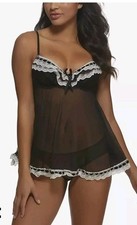 NWT 2 PC Jezebel by Felina Ruffles Galor French Maid FANTASY Lace BABYDOLL MED  picture