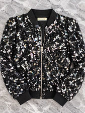 Anna-Kaci Women's Black/Silver Sequin Full Zip Bomber Jacket Size M 80s picture