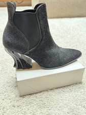 Rare John Fluevog Black Sparkle Glitter Ankle Booties Womens 9.5 Sculptural Heel picture