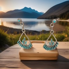 Vintage Zuni Natural Turquoise Needlepoint Sterling Silver Dangle Earrings picture