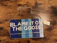 NWT BLAME IT ON THE GOOSE Blue Stripe Beaded Flap-Over Clutch Shoulder Bag Purse picture