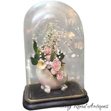 Antique Victorian Shell Art Floral Arrangement Flowers Glass Dome Display picture