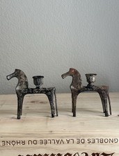 Antique Horse Candlesticks Pair Cast Metal Candle Holders Western Folk Art Decor picture