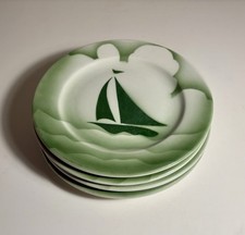 Set of 4 Vintage Jackson China 9” Airbrushed Green Sailboat Plates 1950s USA picture