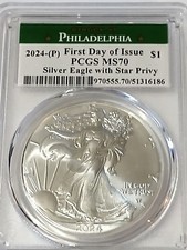 2024 (P) First Day Issue American Eagle Silver Dollar Star Privy 1 oz PCGS MS70 picture