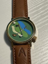 AKTEO Golf Theme Vtg J-C Mareschal Wristwatch Gold Tone Brown Strap RARE picture