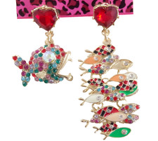 BETSEY JOHNSON ASYMMETRICAL PREDATOR/ SCHOOL OF FISH RHINESTONE DANGLE EARRINGS picture