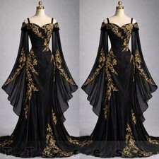 Gold Embroidered Evening Dress Gothic Black Mermaid Formal Prom Gown Ball Gown picture