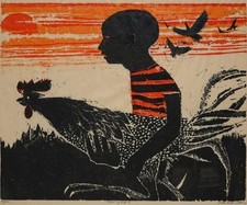 Walter Williams Fighting Cocks African American Modernist Woodcut picture