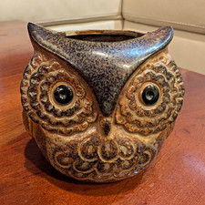 Owl-Shaped Ceramic Vase/Jar Container, Brown Glaze Pottery Oritagi Japan picture