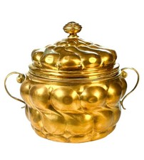 Antique Repousse Brass Vessel w/ Lid Large Deep Lotus Petals 16