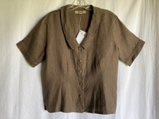 FLAX women's Short Sleeve Corozo Button Up Fitted Top Size S Brown Lithuania NWT picture