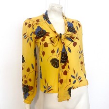 Vintage JEFF BANKS 1970s Yellow Boho Floral Tie Front Crepe Blouse Size S picture