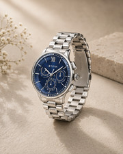 Titan Classique Half Cut Chronograph Blue Round Dial Silver Steel Mens Watch picture