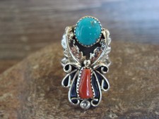 Native American Sterling Silver Turquoise & Coral Ring - Size 9 - Signed HBY picture