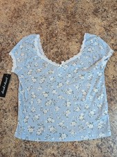 Derek Heart Baby Blue Sweetheart Rose Gingham Floral Lace Top Junior L new tags picture