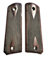 1911 Checkered Rosewood Grips Gold Screws Full Size Fits Colt Kimber Govt picture